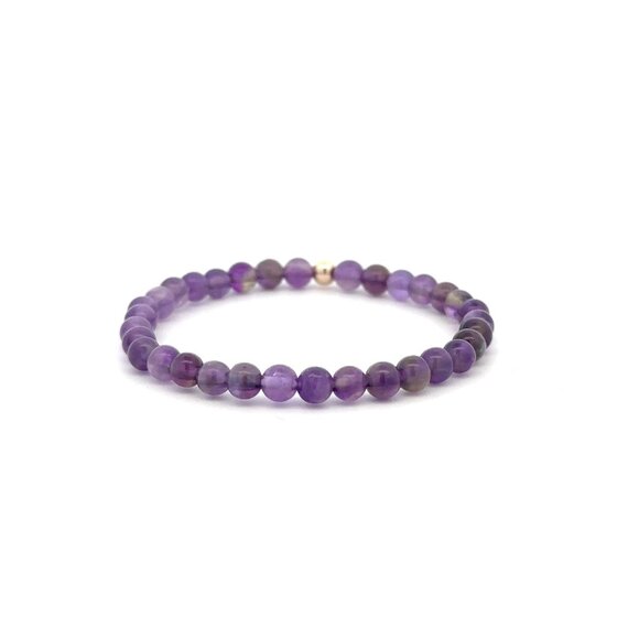 Amethyst Gemstone Beaded Stretch Bracelet with 14K Gold Accent Bead Handmade Nat - Picture 4 of 6